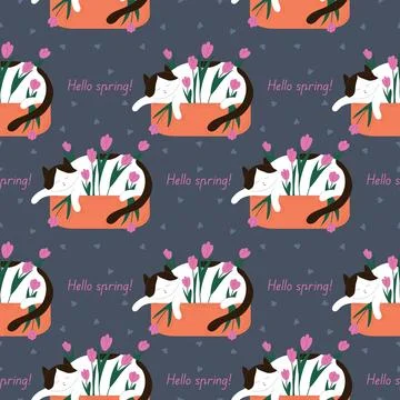 Seamless pattern of a cute sleeping cat in a flowerpot with tulip and heart with Stock Illustration