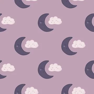 Seamless pattern with cute sleeping cloud sky and moon on lilac background. Stock Illustration