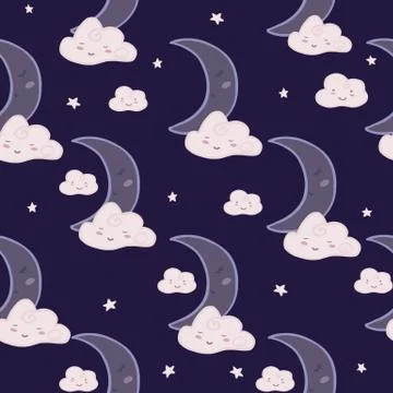 Seamless pattern with cute sleeping cloud sky and moon. Stock Illustration