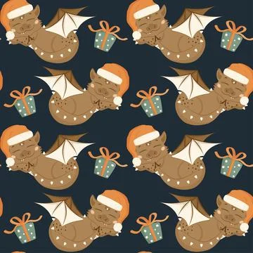 Seamless pattern with cute sleeping dragon in Santa Claus hat in cartoon styl Illustrazione stock