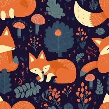 Seamless pattern, cute sleeping fox in the forest. Generated AI. Illustrazione stock