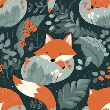 Seamless pattern, cute sleeping fox in the forest. Generated AI. Illustrazione stock