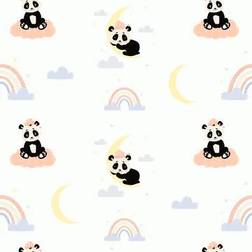 Seamless pattern. Cute sleeping panda on moon and bear cub on cloud on white Stock Illustration