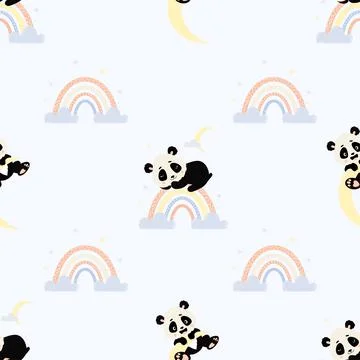 Seamless pattern. Cute sleeping panda on rainbow and playful bear cub on moon on Illustrazione stock