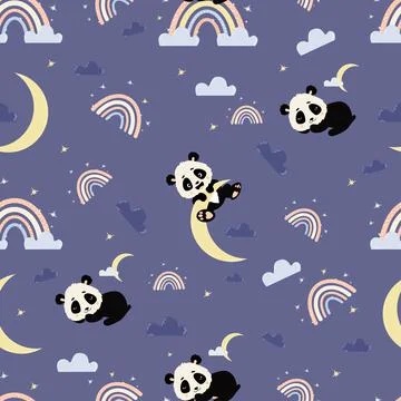 Seamless pattern. Cute sleeping panda and playful bear cub on moon on purple bac 스톡 일러스트