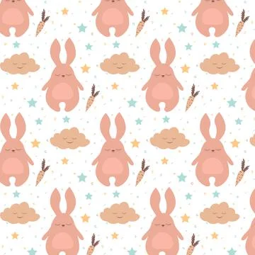 Seamless pattern with cute sleeping rabbit, carrot, clouds and stars. Creativ Stock Illustration