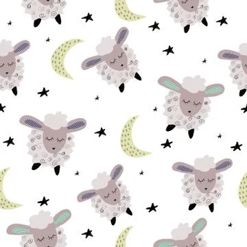Seamless pattern with cute sleeping sheep Stock Illustration