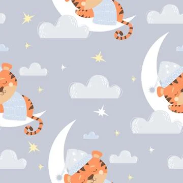 Seamless pattern with cute sleeping tiger. animal in blue nightcap and blanket s Illustrazione stock