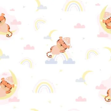 Seamless pattern. A cute sleeping tiger animal in a cap and under a blanket slee Stock Illustration