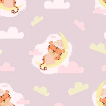 Seamless pattern with cute sleeping tiger. An animal girl in a nightcap and a Illustrazione stock