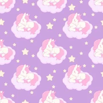 Seamless pattern with cute sleeping unicorn on the cloud. Vector illustration 스톡 일러스트