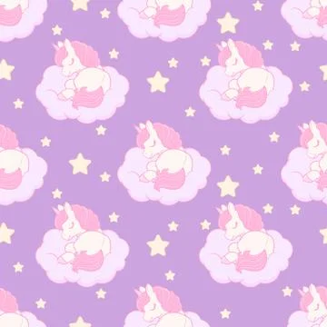 Seamless pattern with cute sleeping unicorn on the cloud. Vector illustration Stock Illustration