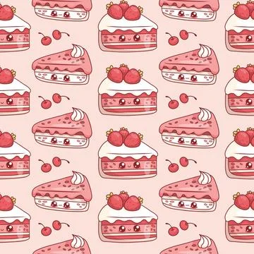 Seamless pattern with cute slice of birthday cake with strawberries on pink.. Stock Illustration