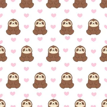Seamless pattern with cute sloth and pink hearts. Stock Illustration