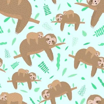 Seamless pattern of cute sloth with baby and leaves. Hand-drawn illustration  Stock Illustration