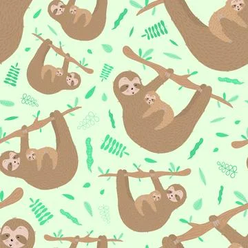 Seamless pattern of cute sloth hugs a baby. Hand-drawn illustration for kids, 스톡 일러스트