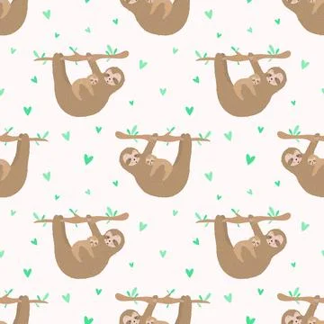 Seamless pattern of cute sloth hugs a baby with hearts. Hand-drawn illustrati Stock Illustration