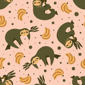 Seamless pattern with cute sloths and bananas Stock Illustration