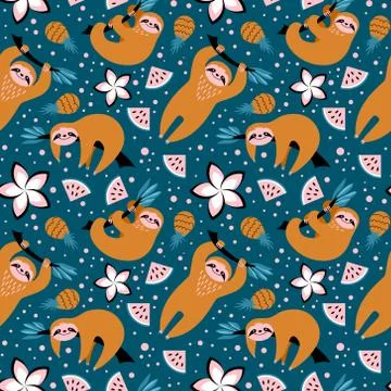 Seamless pattern with cute sloths and fruits Stock Illustration