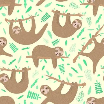Seamless pattern of cute sloths and leaves. Hand-drawn illustration of sloth  Stock Illustration