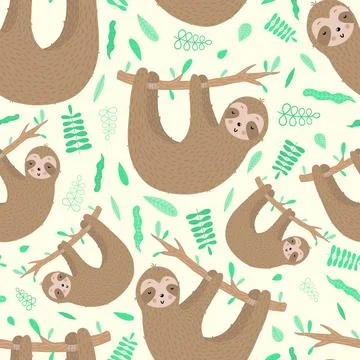 Seamless pattern of cute sloths and leaves. Hand-drawn illustration of sloth  Stock Illustration