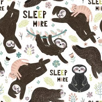 Seamless pattern with cute sloths. Background with funny sloths, leaves Stock Illustration