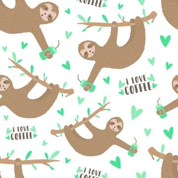 Seamless pattern of cute sloths with coffee and hearts. Hand-drawn illustrati 스톡 일러스트