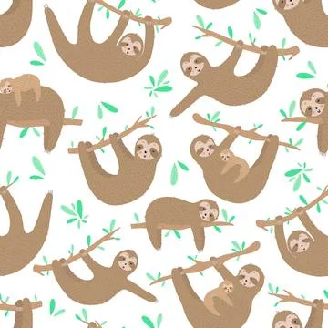 Seamless pattern of cute sloths. Hand-drawn illustration of sloth for childre Stock Illustration