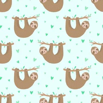 Seamless pattern of cute slow sloths and hearts. Hand-drawn illustration of s 스톡 일러스트