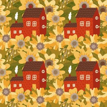 Seamless pattern - Cute small old house among huge yellow spring wildflowers Stock Illustration