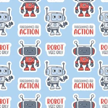 Seamless pattern cute small Robots on blue background with funny phrases. F.. Illustrazione stock