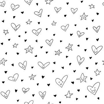 Seamless pattern with cute smiled hearts and stars. Stock Illustration