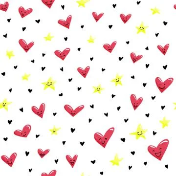 Seamless pattern with cute smiled hearts and stars. Stock Illustration
