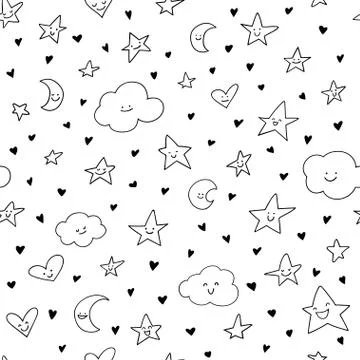 Seamless pattern with cute smiled stars, clouds and crescents. Stock Illustration