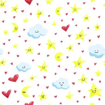 Seamless pattern with cute smiled stars, clouds and crescents. Stock Illustration
