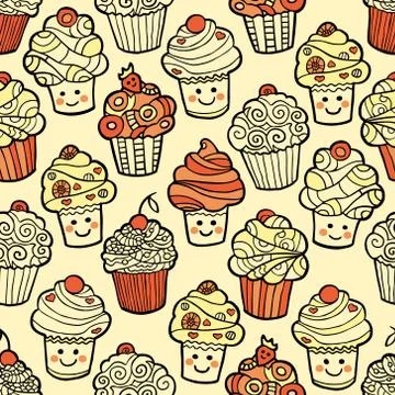 Seamless pattern with cute smiling cupcakes on warm background Stock Illustration