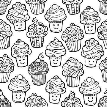 Seamless pattern with cute smiling cupcakes on white background Stock Illustration