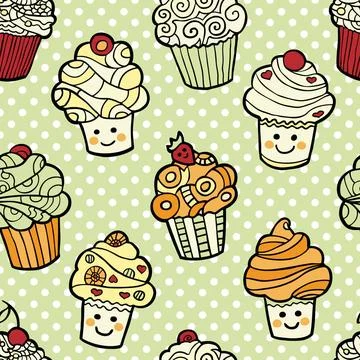 Seamless pattern with cute smiling cupcakes on green dotted background. Se... Stock Photos