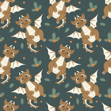 Seamless pattern with cute smiling dragon and mistletoe leaves in cartoon s.. Illustrazione stock