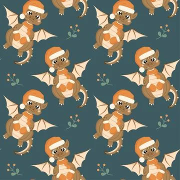 Seamless pattern with a cute smiling dragon wearing a Santa Claus hat, mitt.. Stock Illustration