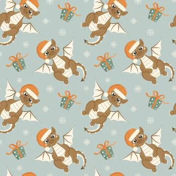 Seamless pattern with a cute smiling dragon wearing a Santa Claus hat, with.. Stock Illustration