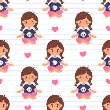 Seamless pattern with cute smiling girl with braids hairstyle meditating si.. イラスト素材