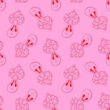 Seamless pattern with cute smiling groovy style mushroom on pink background Stock Illustration