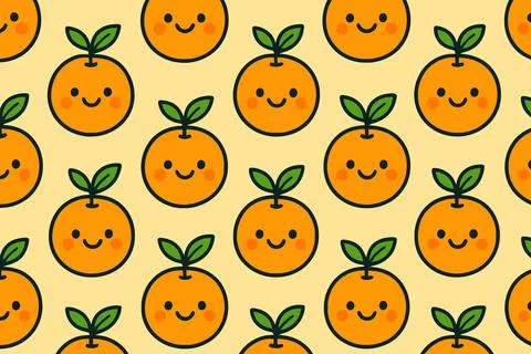 Seamless Pattern of Cute Smiling Oranges with Leaves Stock Illustration