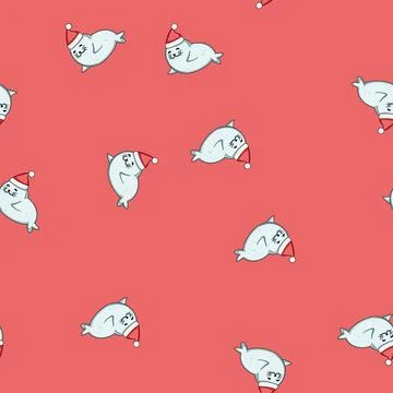 Seamless pattern Cute smiling seal wearing festive santa hat Stock Illustration