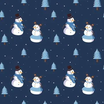 Seamless pattern with cute smiling snowmen and Christmas trees Stock Illustration