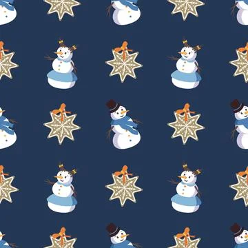 Seamless pattern with cute smiling snowmen and gingerbread cookies Stock-Illustration