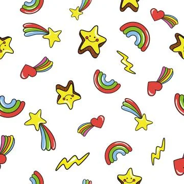 Seamless pattern with cute smiling stars. doodle comets, lightnings, rainbows on Stock Illustration