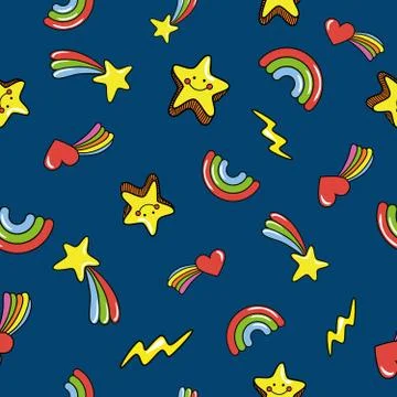Seamless pattern with cute smiling stars. doodle comets, lightnings, rainbows on Stock Illustration