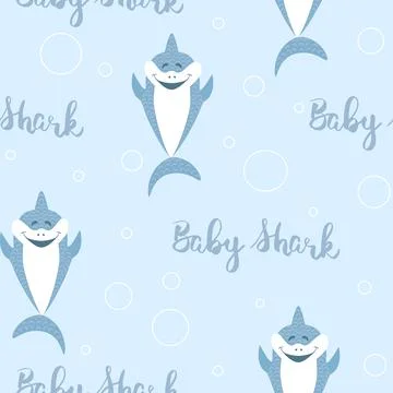 Seamless pattern with cute smilling baby shark, white bubbles and phrase baby Stock Illustration